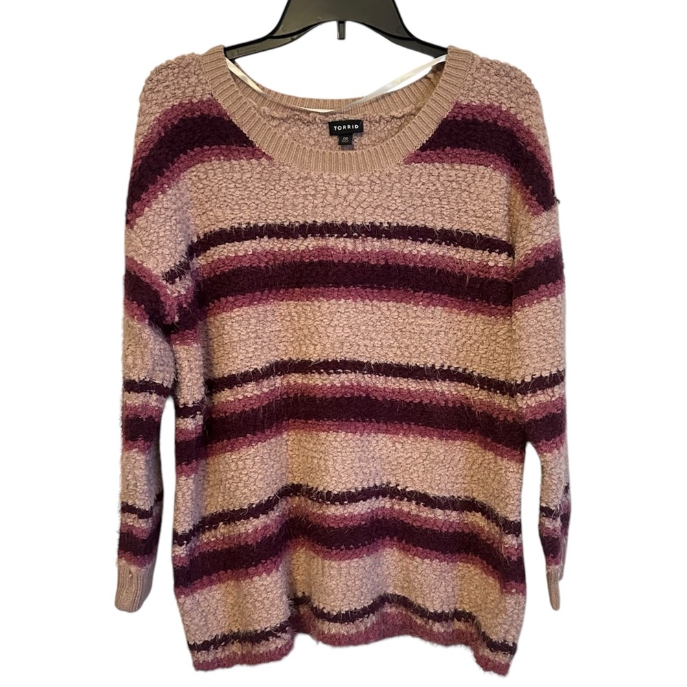 Torrid Pink Purple Stripe Fuzzy Eyelash Popcorn Crewneck Cozy Sweater M/L